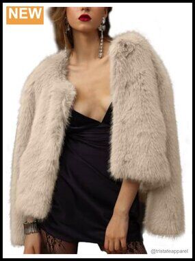 Women Cropped Faux Fur Jacket Long Sleeve Fluffy Coat with Pockets